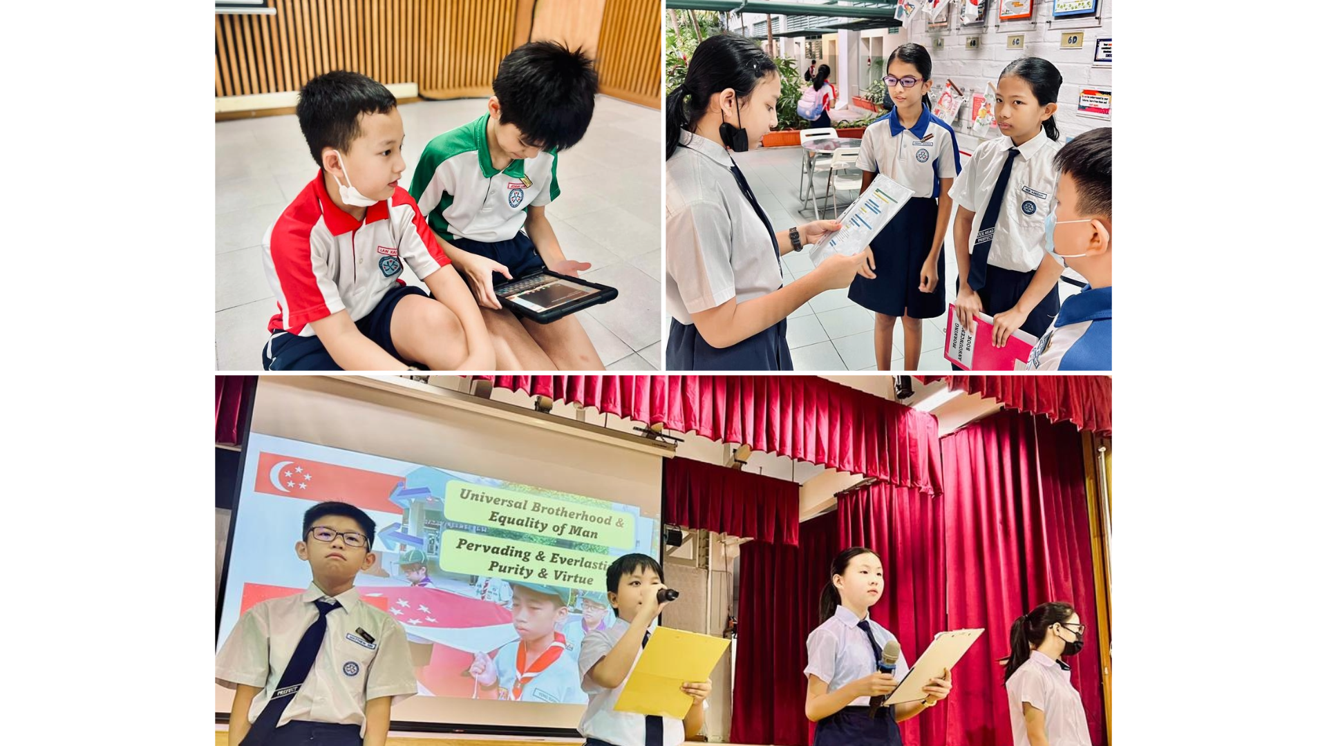 Three school scenes: two boys with a tablet, students reviewing papers, and pupils presenting on stage with a Singapore-themed slideshow.